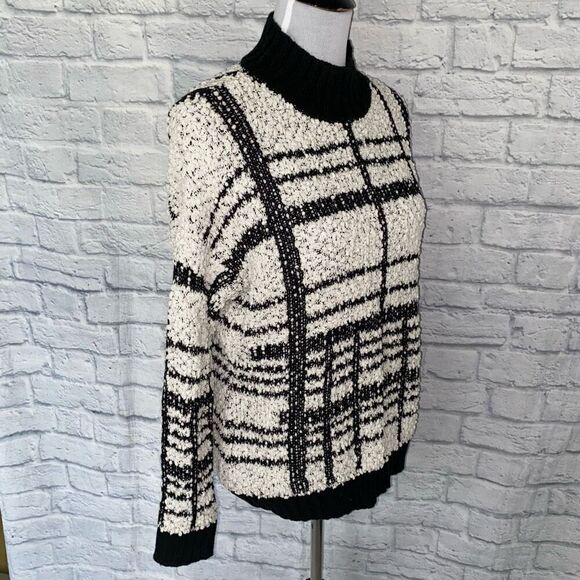 Solitaire women L scoopneck Longsleeve plaid pattern popcorn sweater B&W - Picture 4 of 9